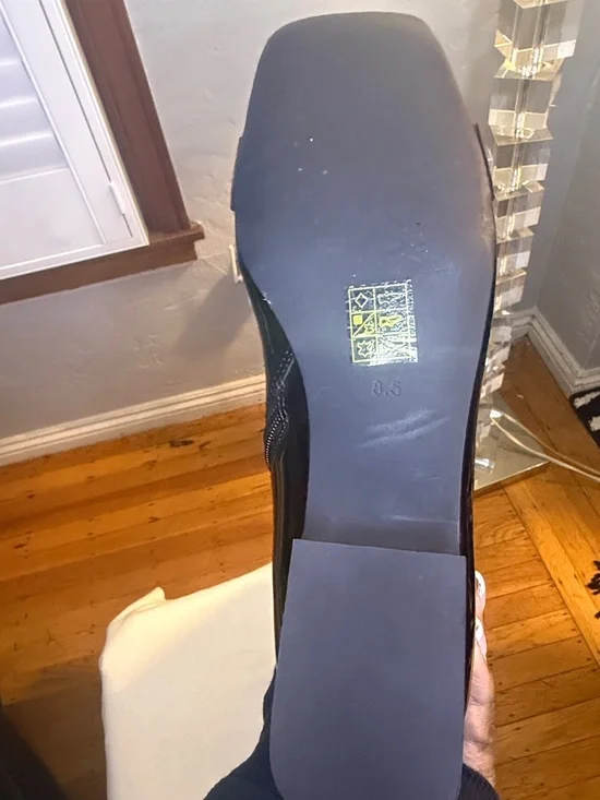 Jeffrey Campbell Black Patent Over-the-Knee Boots with Gold Medallion - Picture 5 of 7